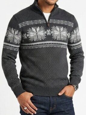 ASPEN Grey Nordic Snowflake 1/4 Zip Cotton Sweater Medium